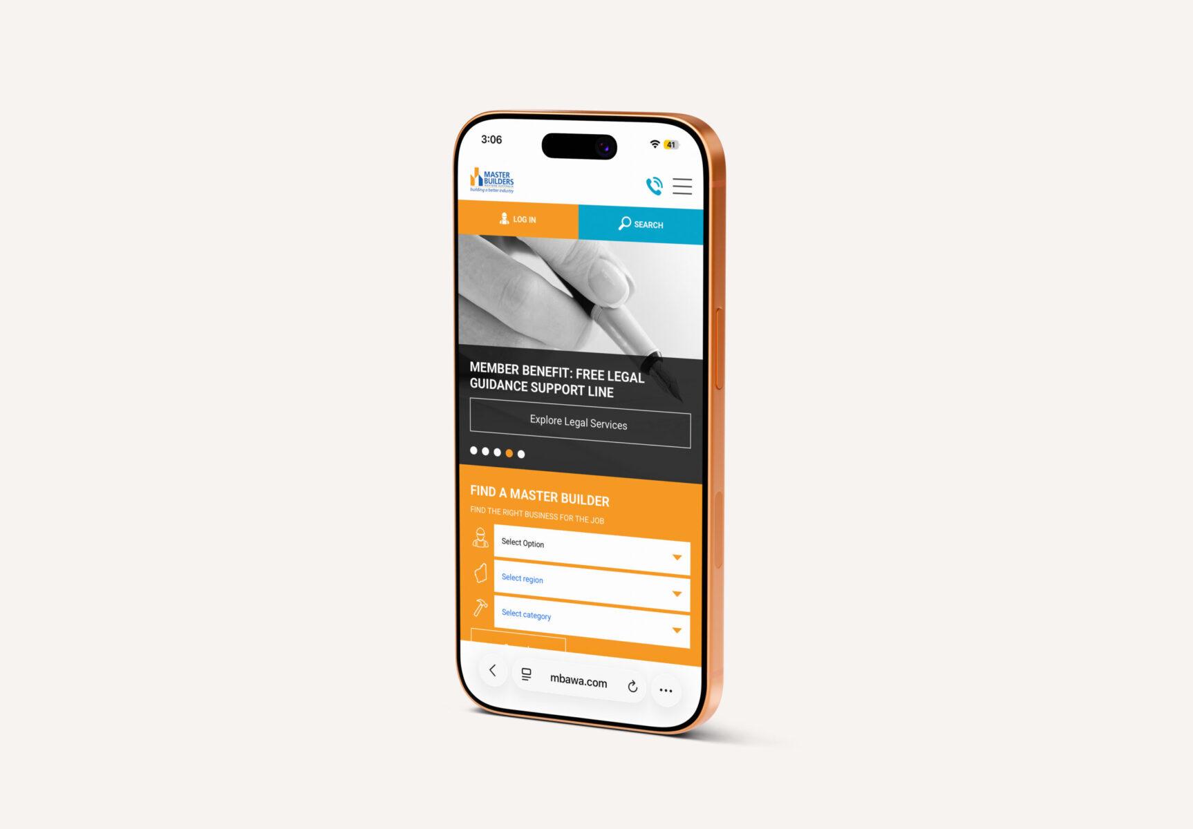 Mobile phone screenshot of the home page web design for Master Builders WA.