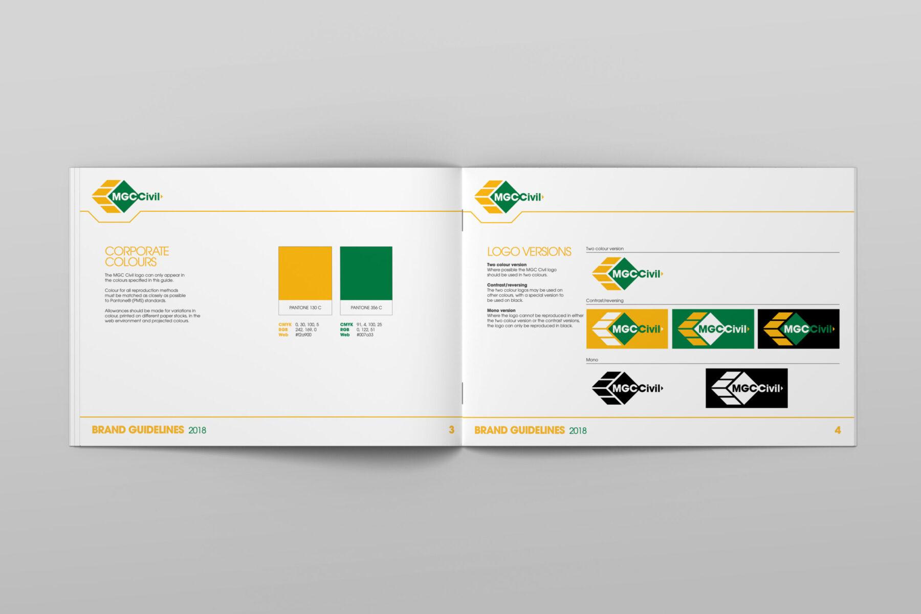 An open spread from the MGC Civil Brand guidelines.