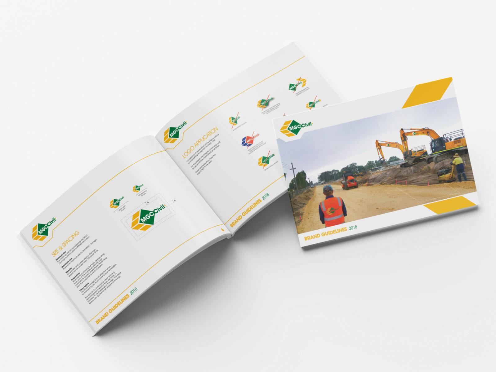Two brand guideline booklets for MGC Civil. One booklet is open showing proper logo application and the other is closed with the cover design on display.