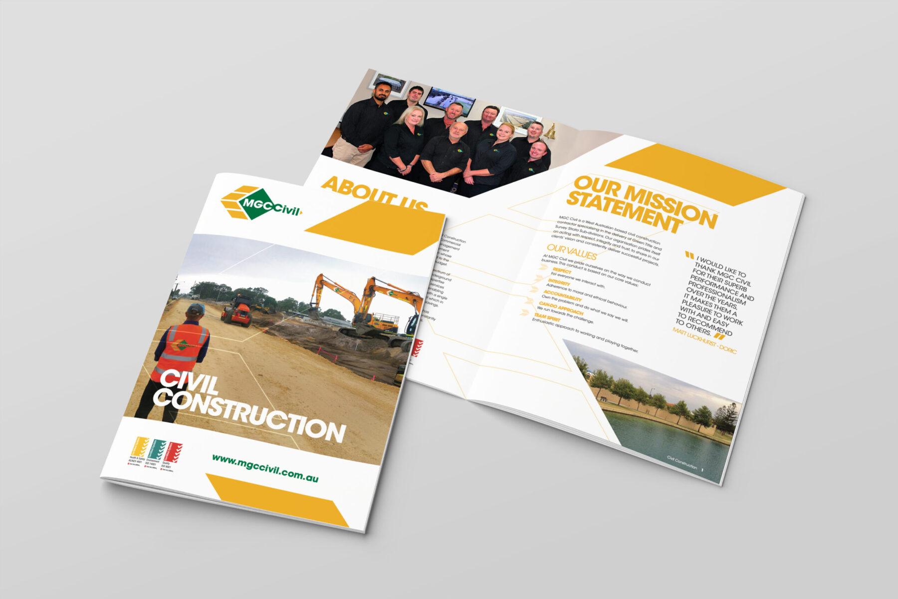Two MGC Civil brochures, with one open to a spread on their mission statement, and the other closed on top showing the cover design.