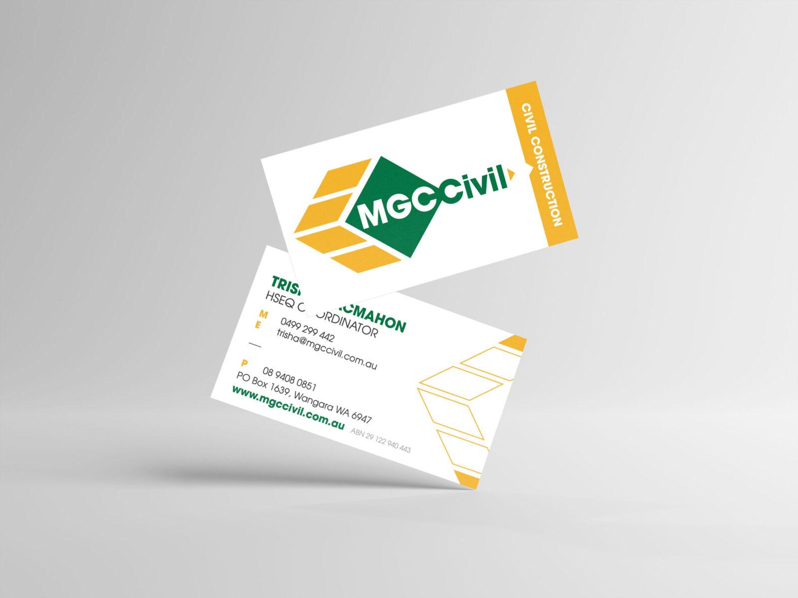 Two MGC Civil business cards, showing the company logo and professional contact design.