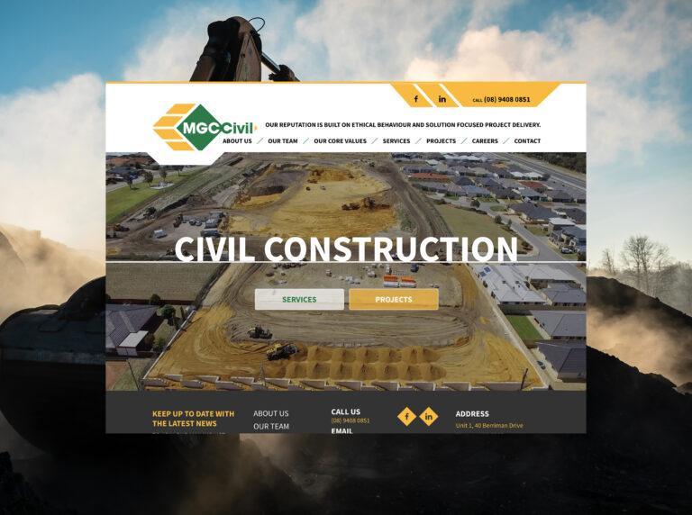 A desktop screen of the home page design for the MGC Civil website.