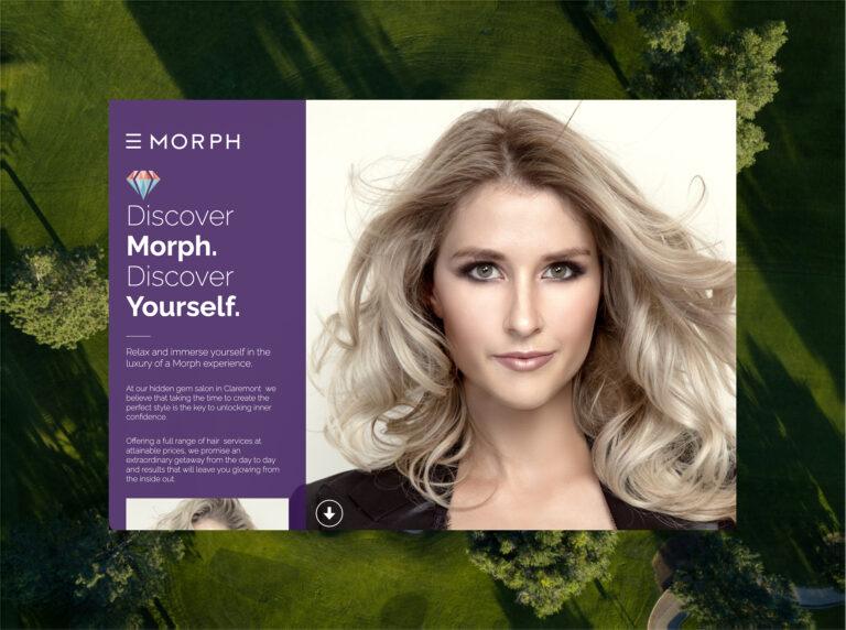 Desktop screen with home page design for Morph Hair & Beauty Salons website.