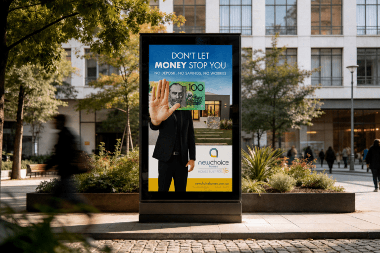 A mockup digital sign in a public space, showcasing an advertisement design for New Choice Homes.