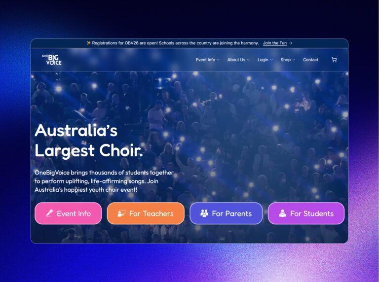 Desktop screen with home page design for the One Big Voice website.