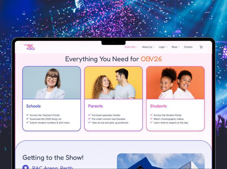 Mockup of the website design for One Big Voice. Web page shows the various categories for users: Schools, Parents and Students.
