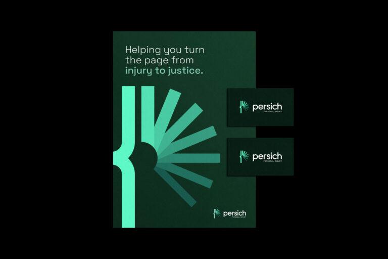 A presentation folder and two business cards designed for Persich.