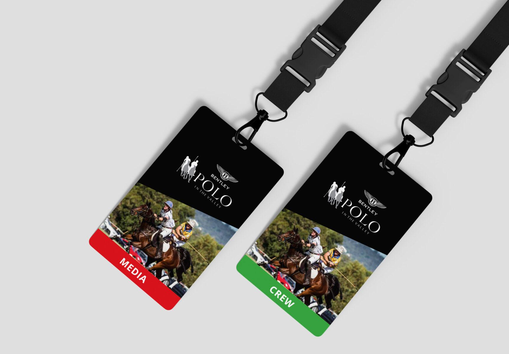 Side-by-side Crew and Media lanyard card designs for the Polo in the Valley event.