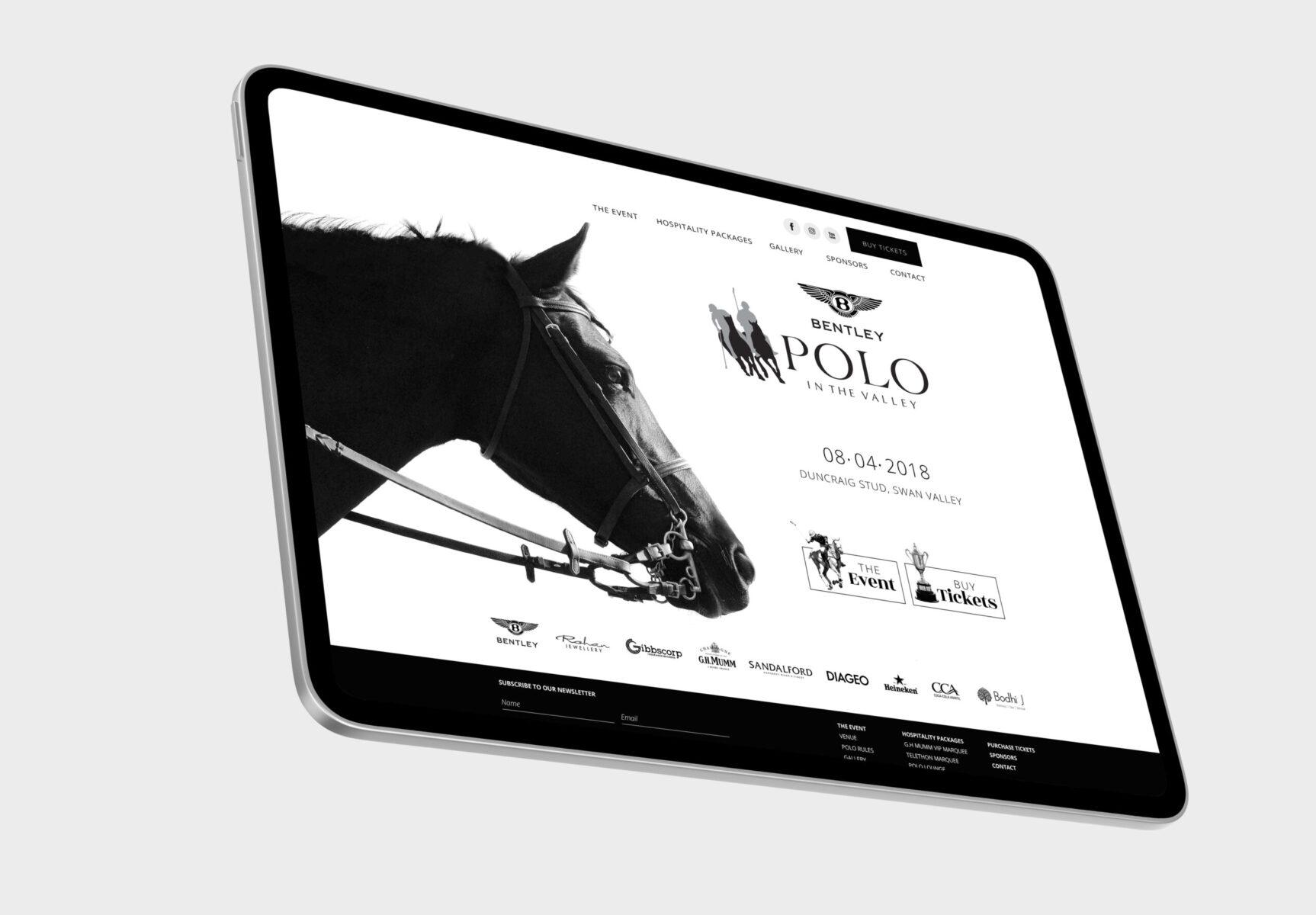 A tablet displaying the home page design for the Polo in the Valley website.