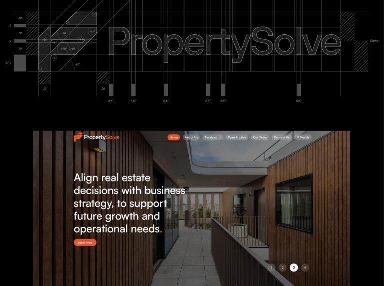 A screenshot of the home page of the Property Solve website and the logo schematics on top.