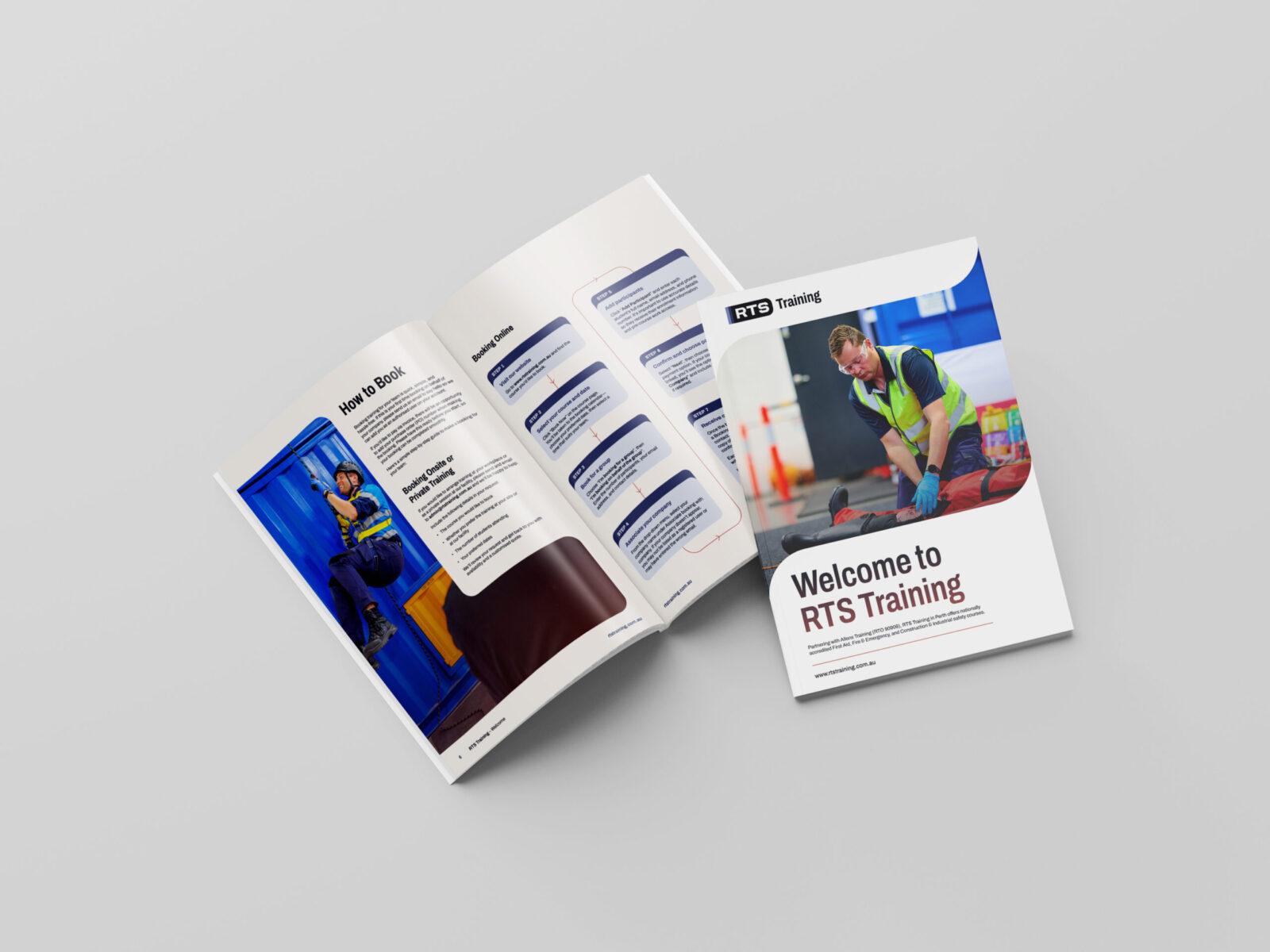 Brochure design for the new RTS Training brand, one booklet is opened and the other shows the front page.