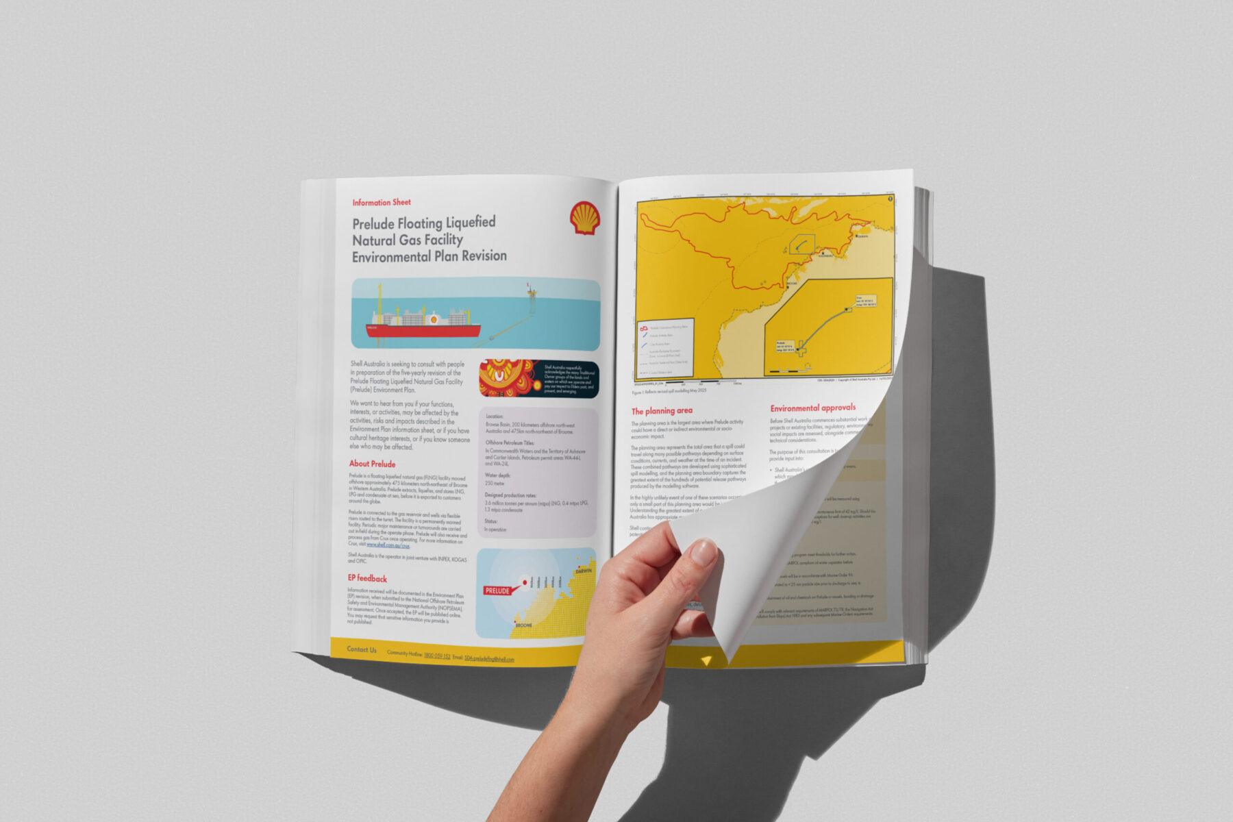 A booklet design for Shell, being flipped through by someone out of frame.