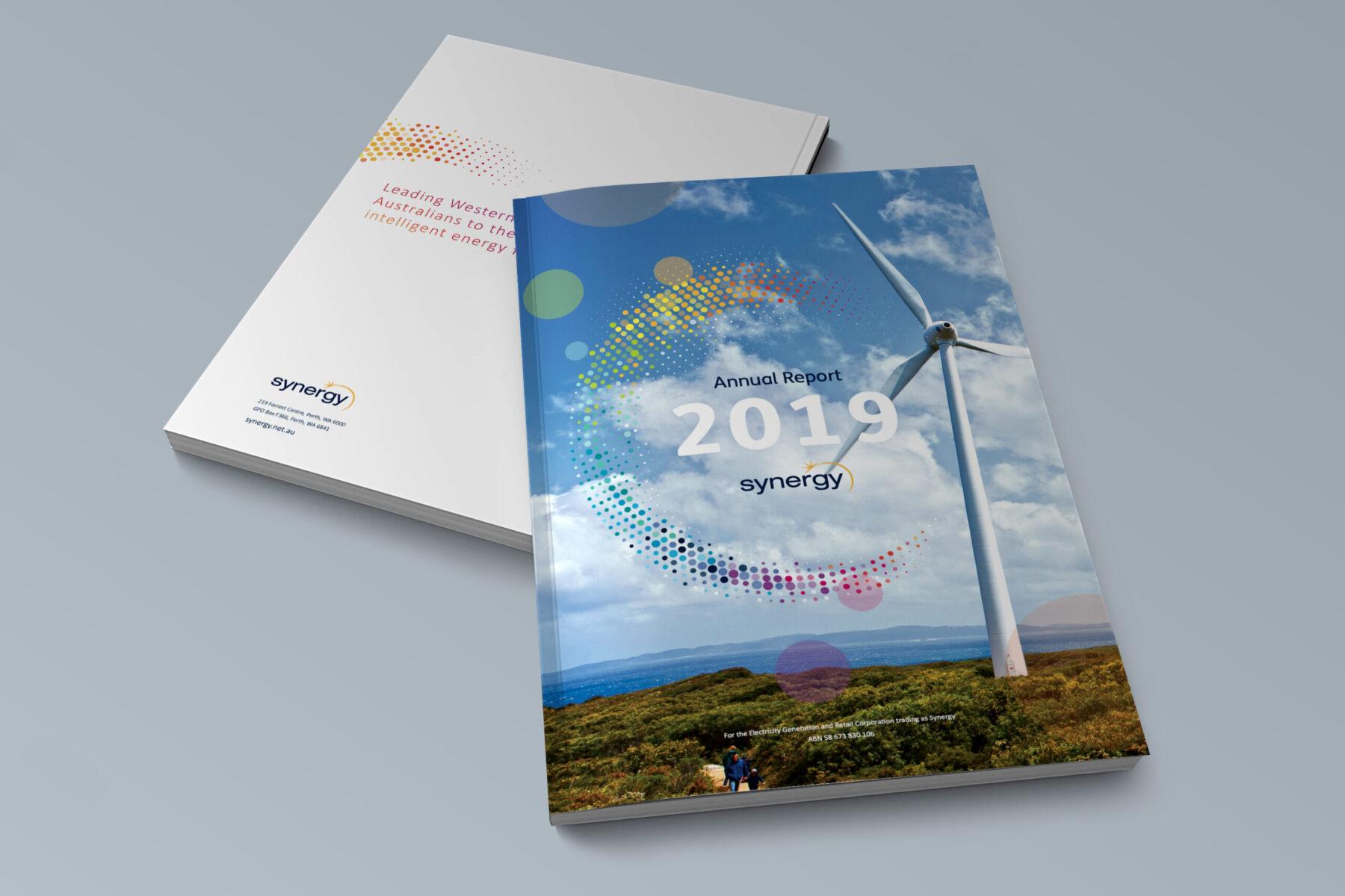 Two booklets lay stacked on a surface with Synergy's annual report cover design.