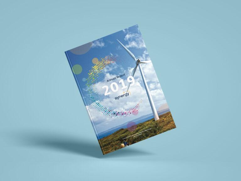 A closed booklet made for Synergy, showing its cover design for their annual report.