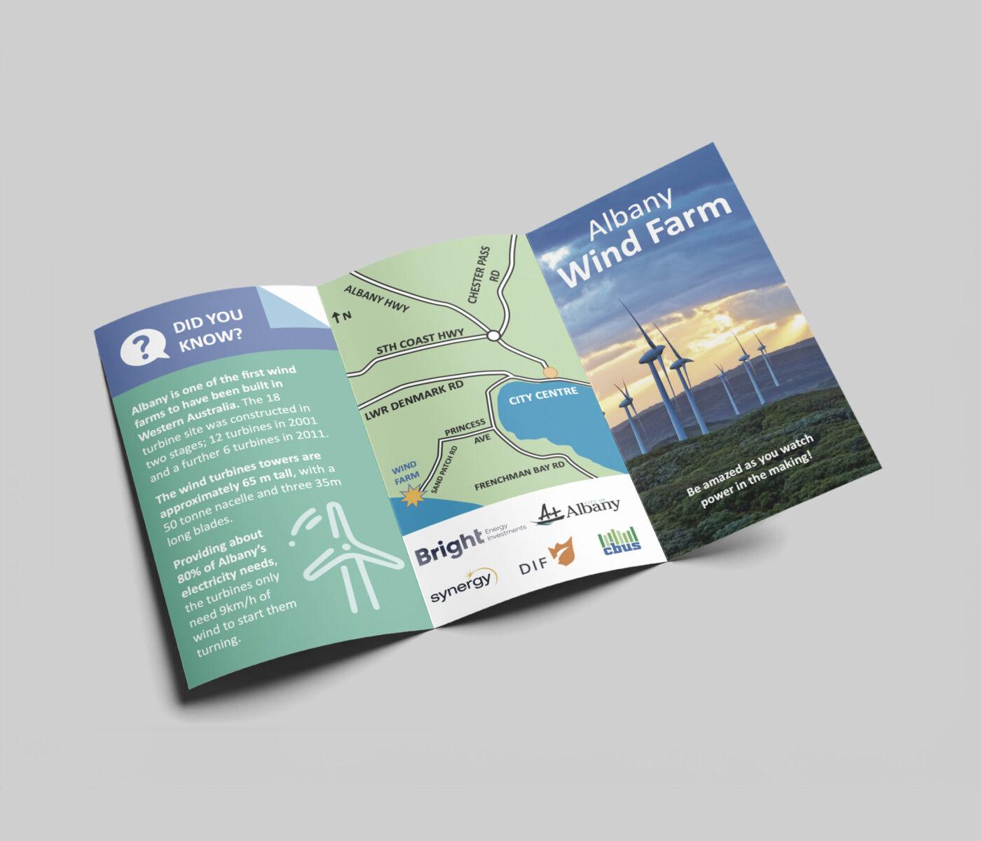 An open tri-fold brochure design for Synergy featuring the Albany Wind Farms.