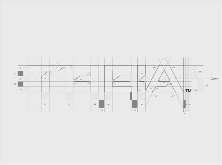 Blueprint-style illustration of the guidelines for the Theia brand logo.