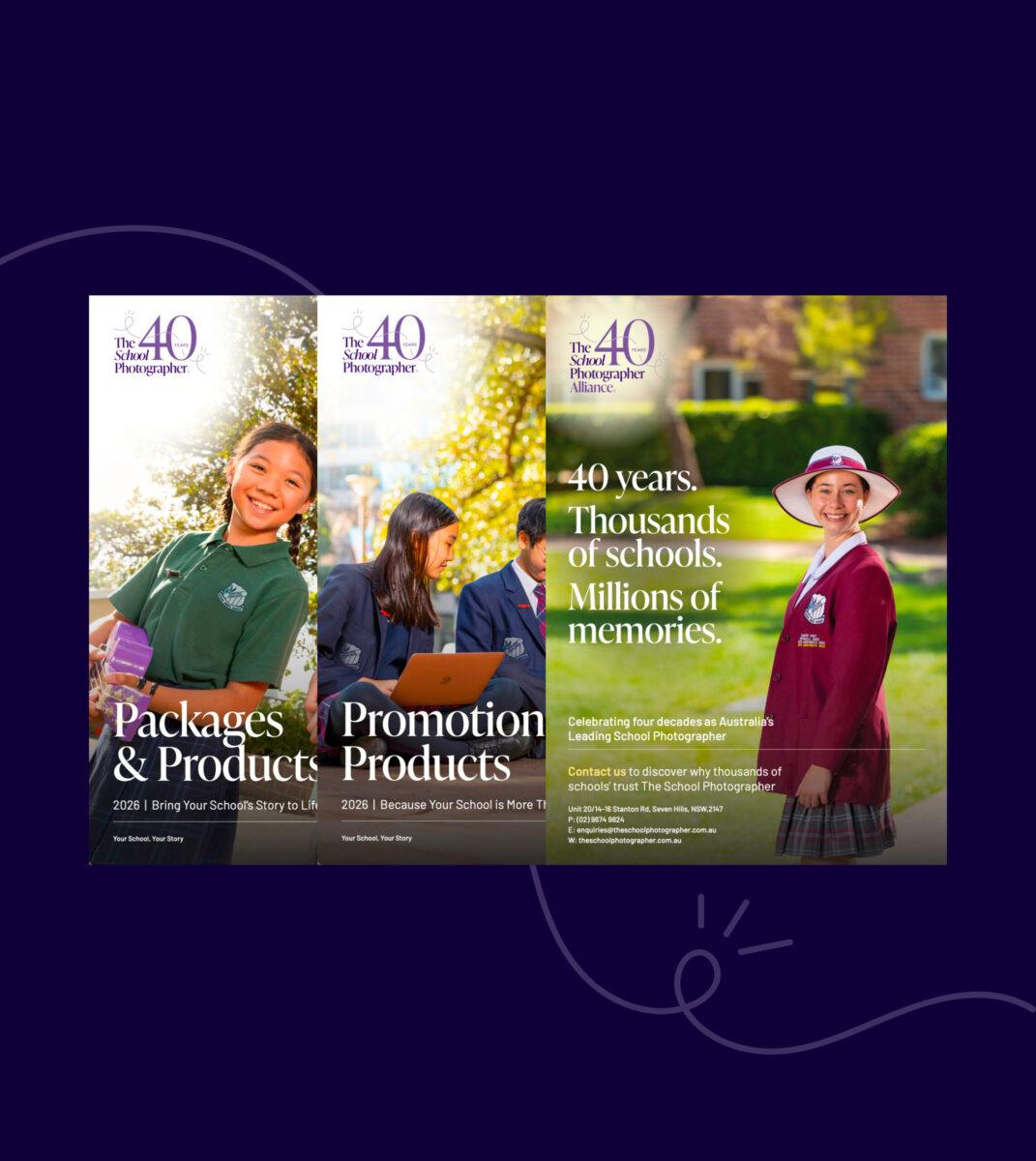 Three booklet examples of The School Photographer Alliance 40 year anniversary.