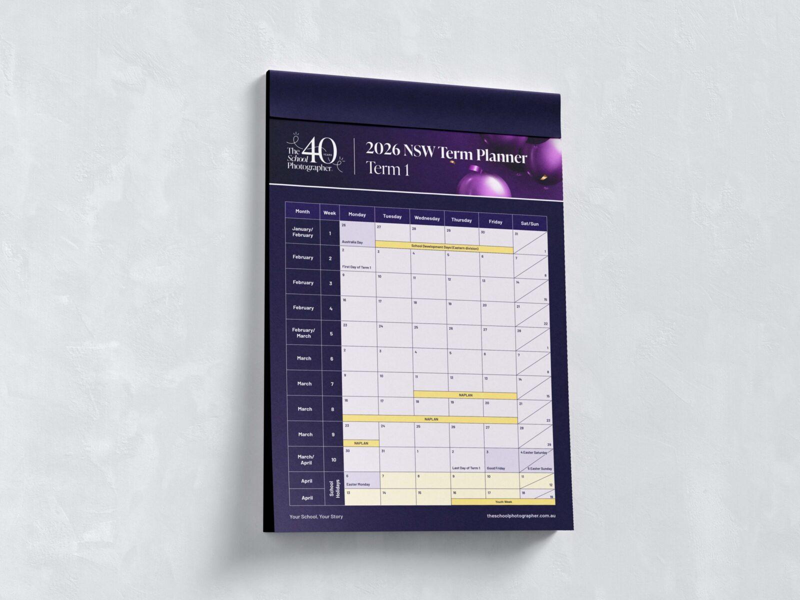 A school term planner calendar. Designed for The School Photographer's 40th year anniversary.