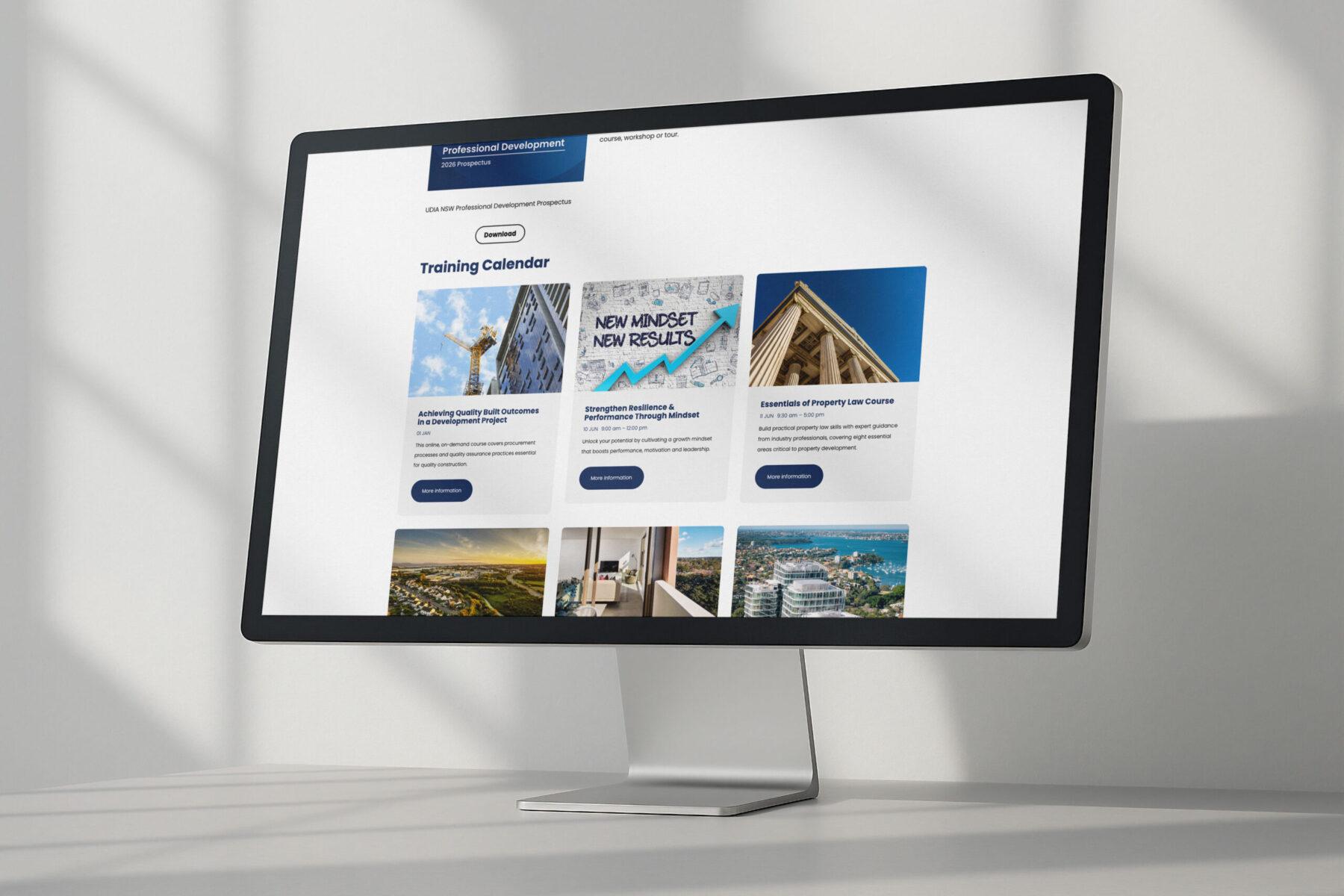A mockup of a desktop monitor, displaying an example web page design for the UDIA NSW website.