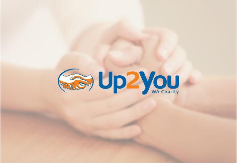 The Up2You logo, featuring their branded blue and orange colours and logomark of two hands holding.