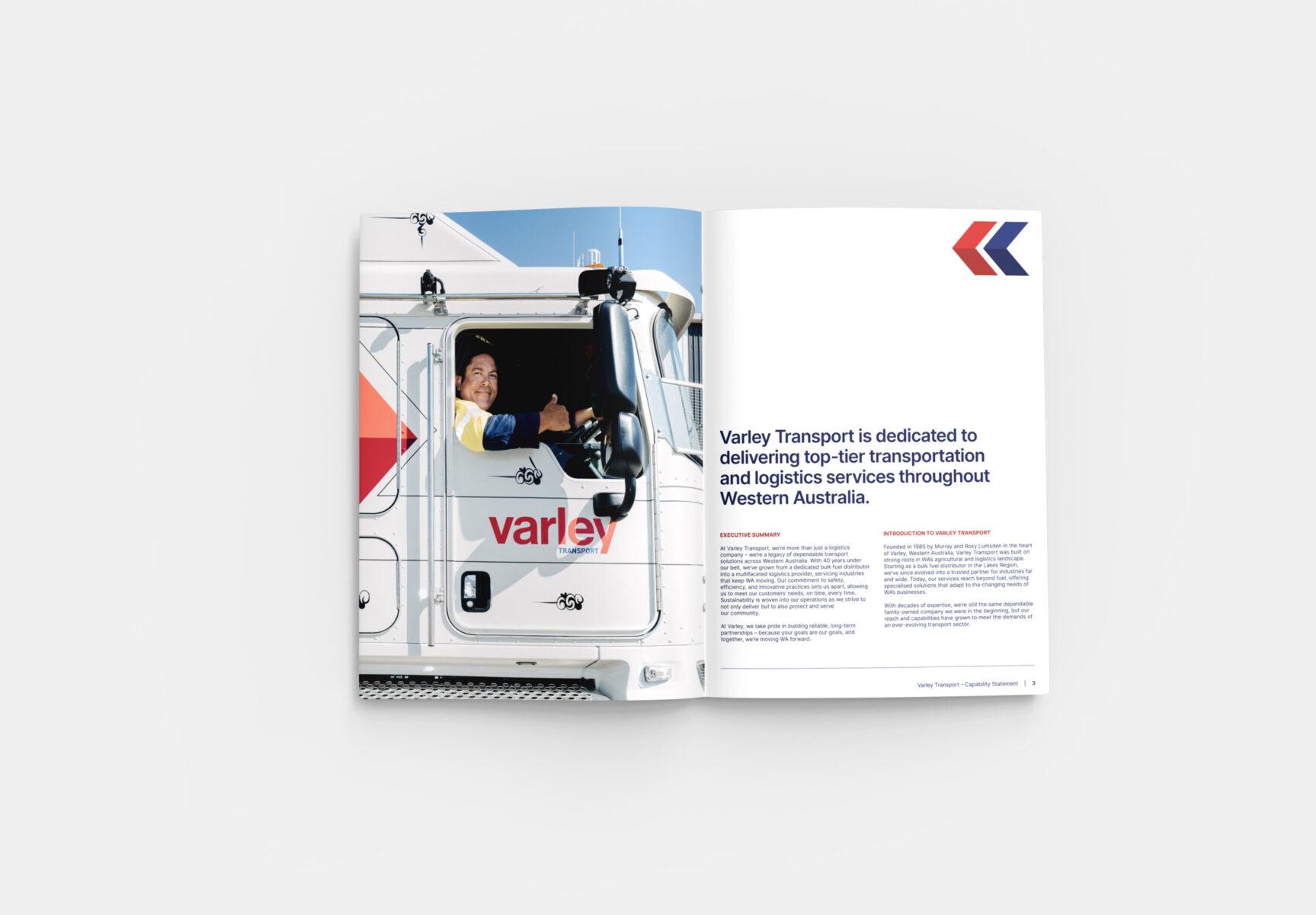 An open spread of the capability statement booklet design for Varley Transport.